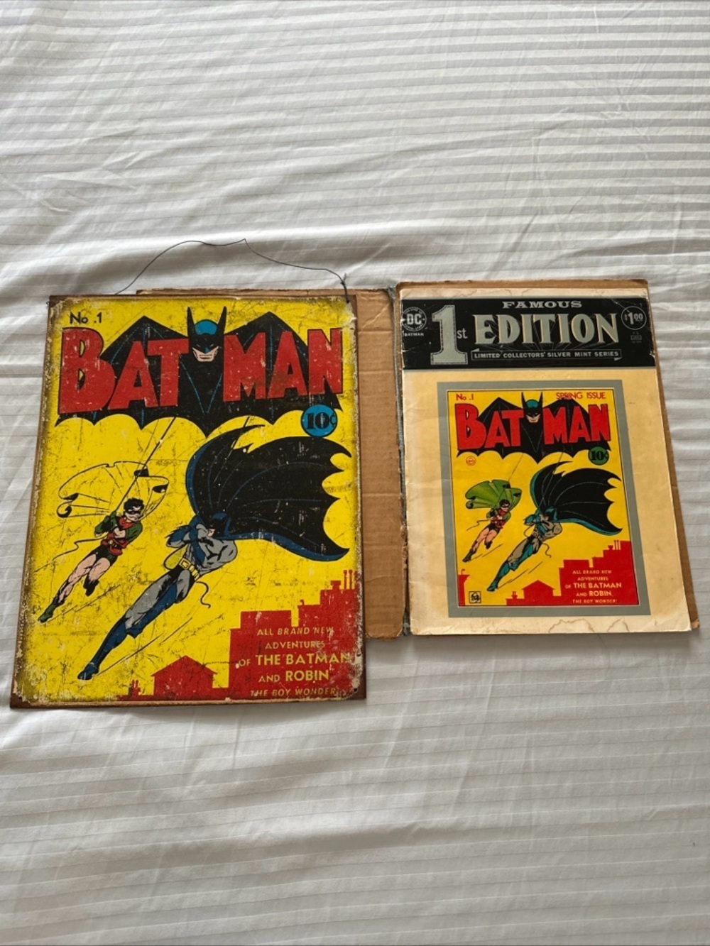 Vintage Batman Lot – 1975 DC Famous First Edition #1 + Retro Metal Wall Sign